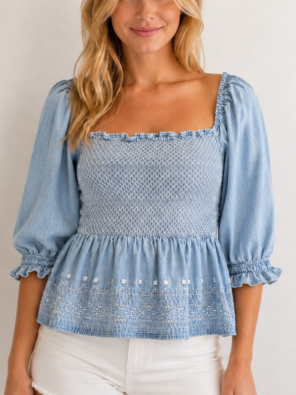 American Eagle Denim Smocked Peplum Top Puff Sleeve Embroidered Blue S